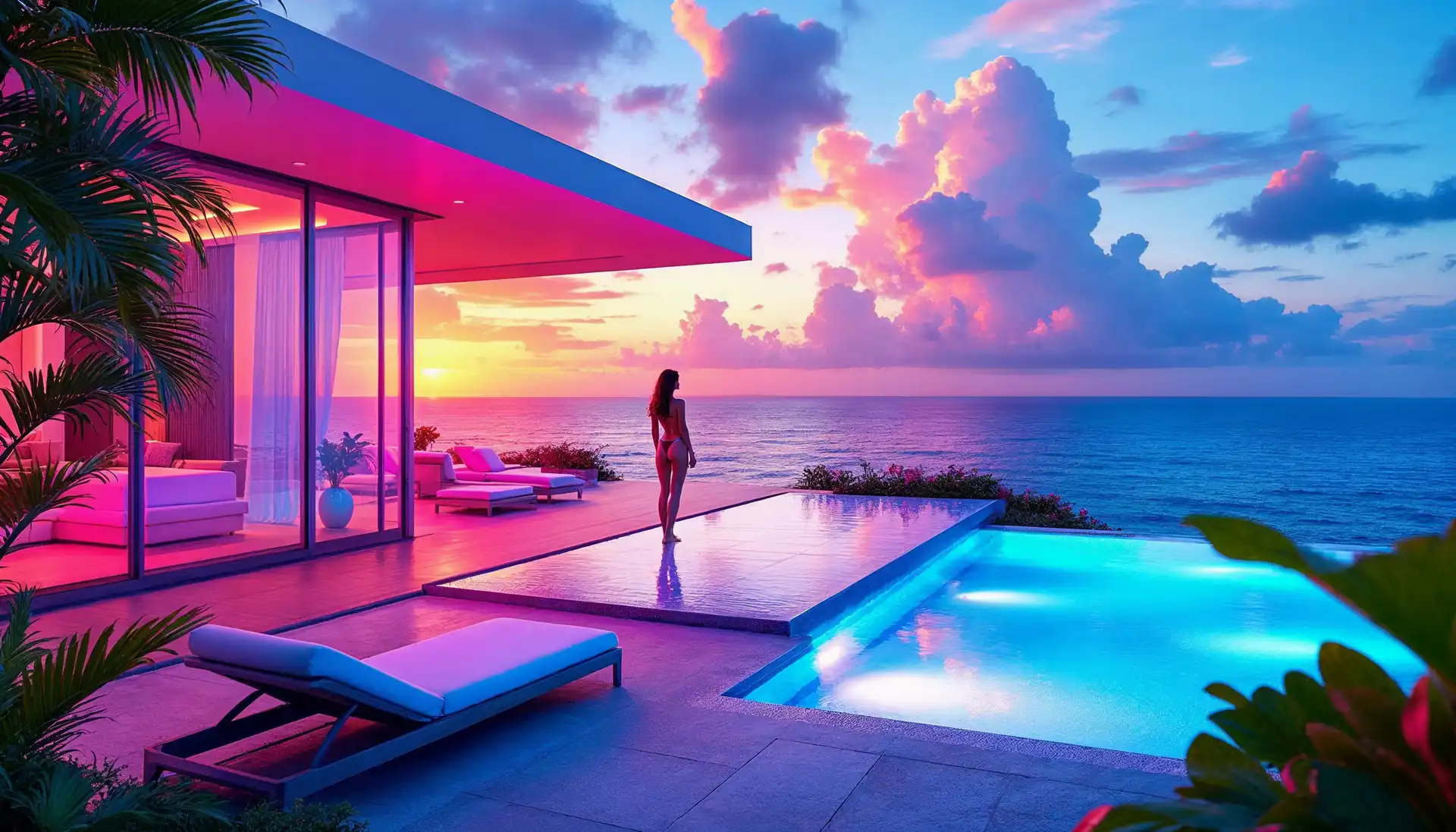 Ein modernes Haus, das über einem felsigen Küstenhang zum Meer hin abgestuft ist