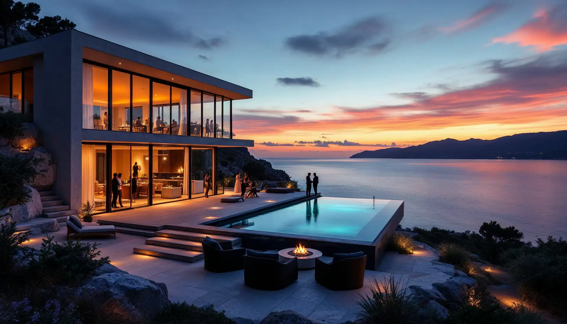 Ein Infinity-Pool in der Dämmerung, der den Himmel über einer Küstenlinie spiegelt