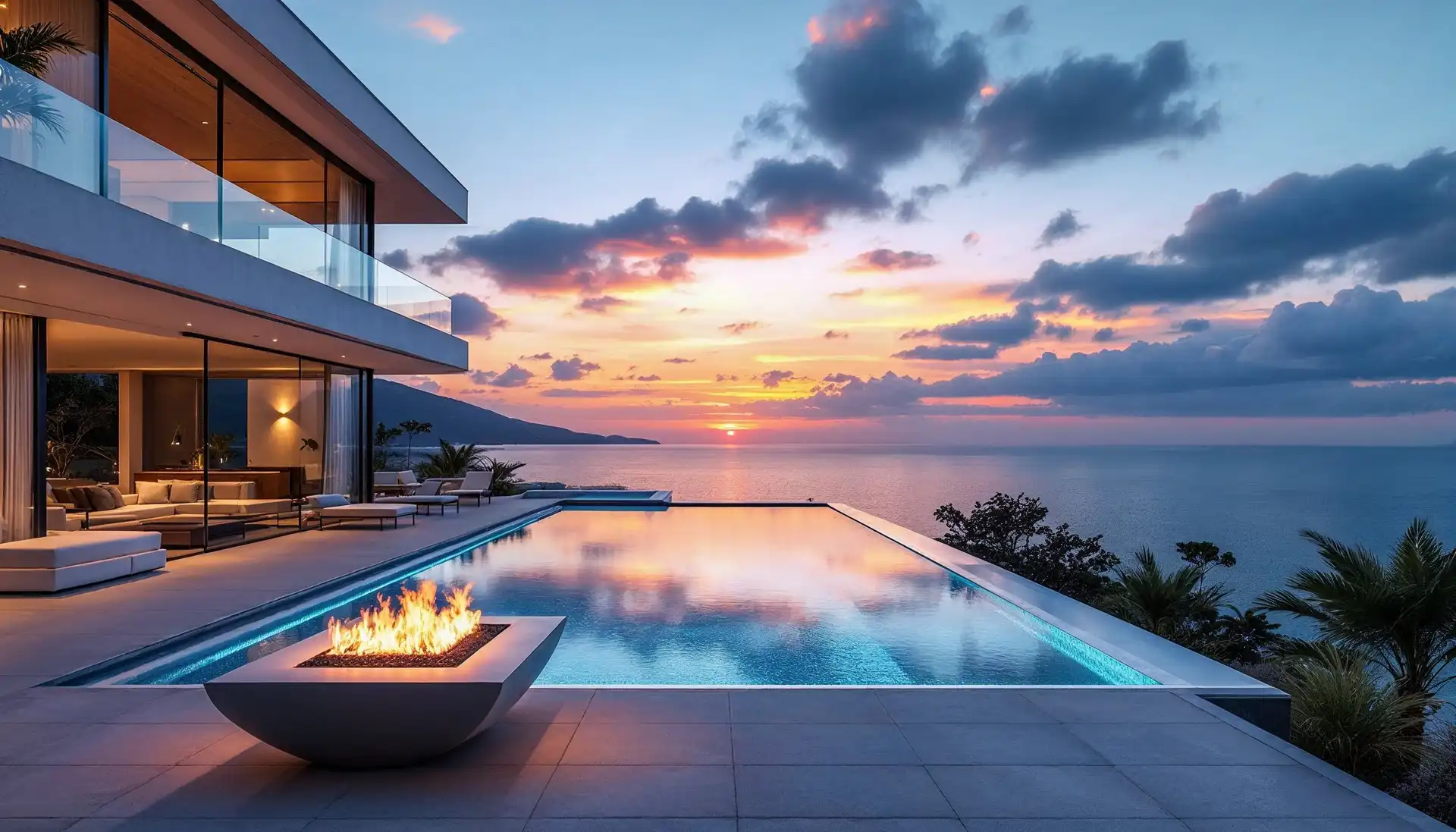 Ein dunkel ausgekleideter Infinity-Pool, der den Abendhimmel spiegelt