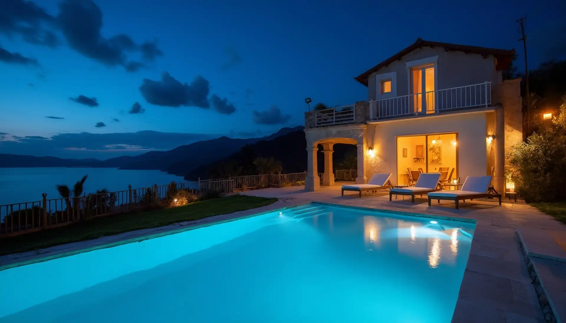 Ein hell ausgekleideter Pool, der in der blauen Stunde türkis leuchtet